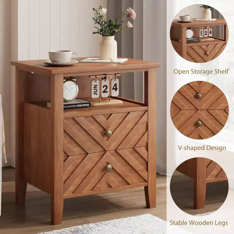 LED Farmhouse Nightstand with 2 Storage Drawers and Open Shelf, Rustic Bedside Table for Bedroom Living Room