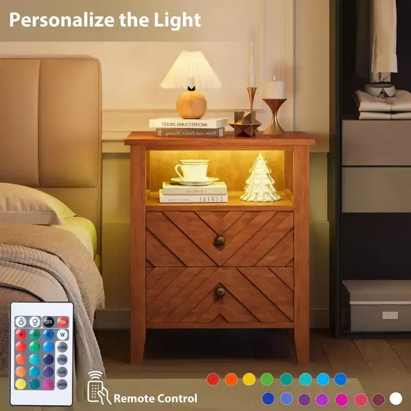 LED Farmhouse Nightstand with 2 Storage Drawers and Open Shelf, Rustic Bedside Table for Bedroom Living Room