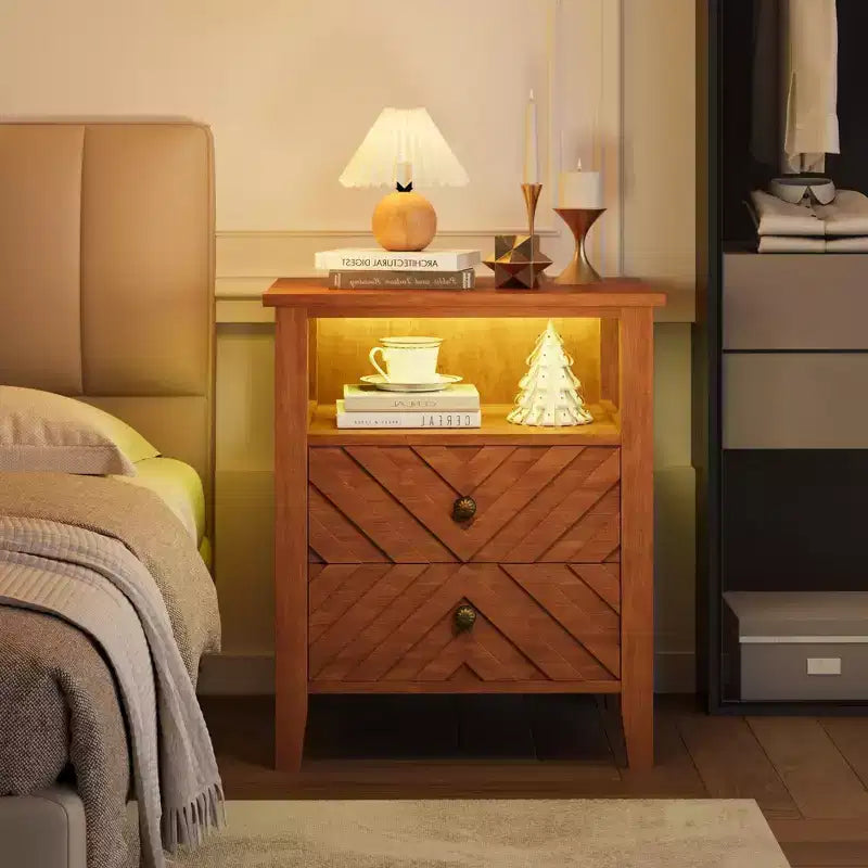 LED Farmhouse Nightstand with 2 Storage Drawers and Open Shelf, Rustic Bedside Table for Bedroom Living Room