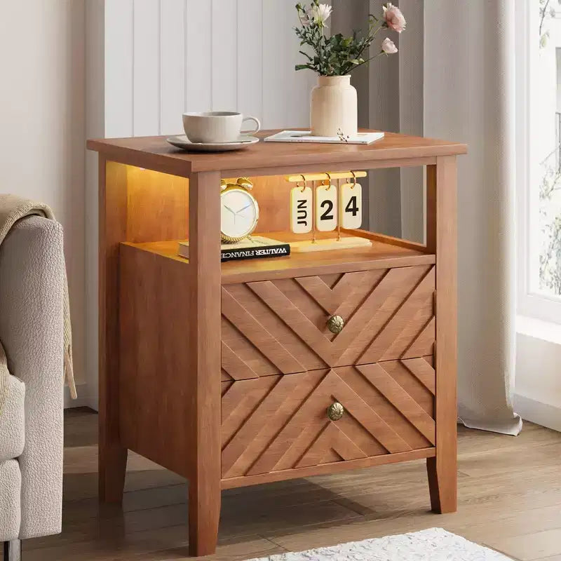 LED Farmhouse Nightstand with 2 Storage Drawers and Open Shelf, Rustic Bedside Table for Bedroom Living Room