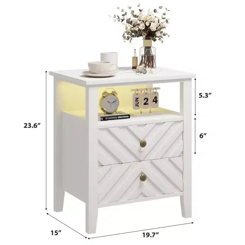 LED Farmhouse Nightstand with 2 Storage Drawers and Open Shelf, Rustic Bedside Table for Bedroom Living Room