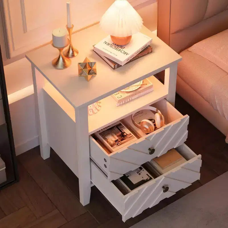 LED Farmhouse Nightstand with 2 Storage Drawers and Open Shelf, Rustic Bedside Table for Bedroom Living Room