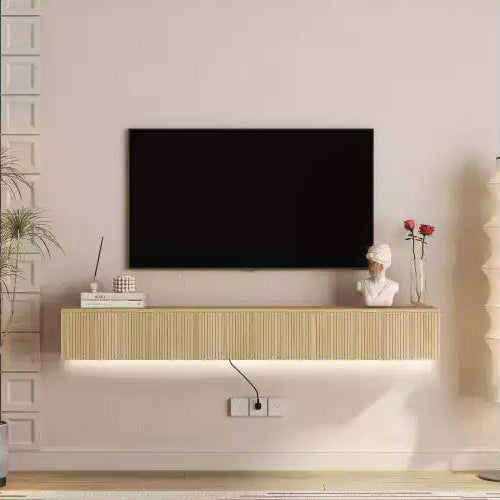 68.8 Floating TV Stand Wall Mounted with 16 Color LEDs,69 Modern TV Stand, Floating TV Cabinet Entertainment Center for 55 60 65 Inch TV, Wood