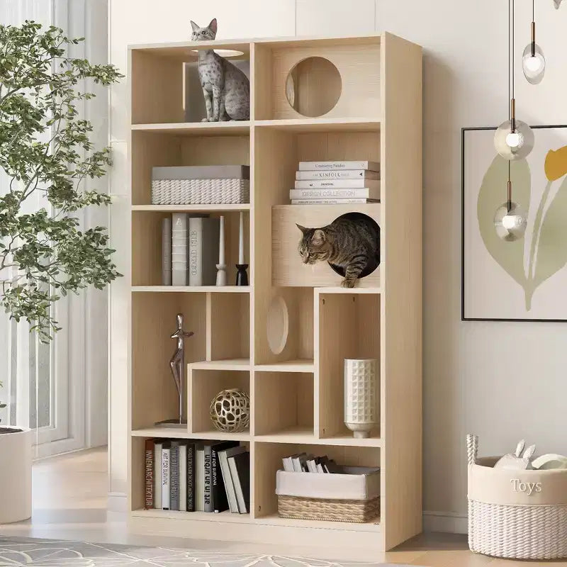 2-in-1 Bookshelf Cat House with Cat Tree, Display Case and Litter Box Enclosure, Natural