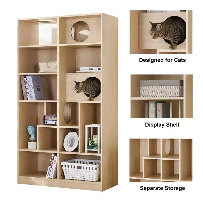 2-in-1 Bookshelf Cat House with Cat Tree, Display Case and Litter Box Enclosure, Natural