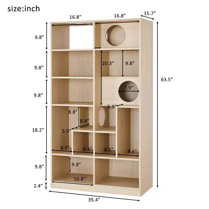 2-in-1 Bookshelf Cat House with Cat Tree, Display Case and Litter Box Enclosure, Natural