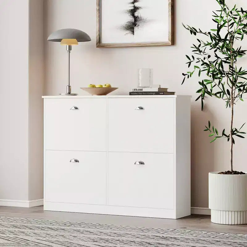 Hidden Slim Narrow Shoe Cabinet with 4 Flip Drawers for Hallway, White