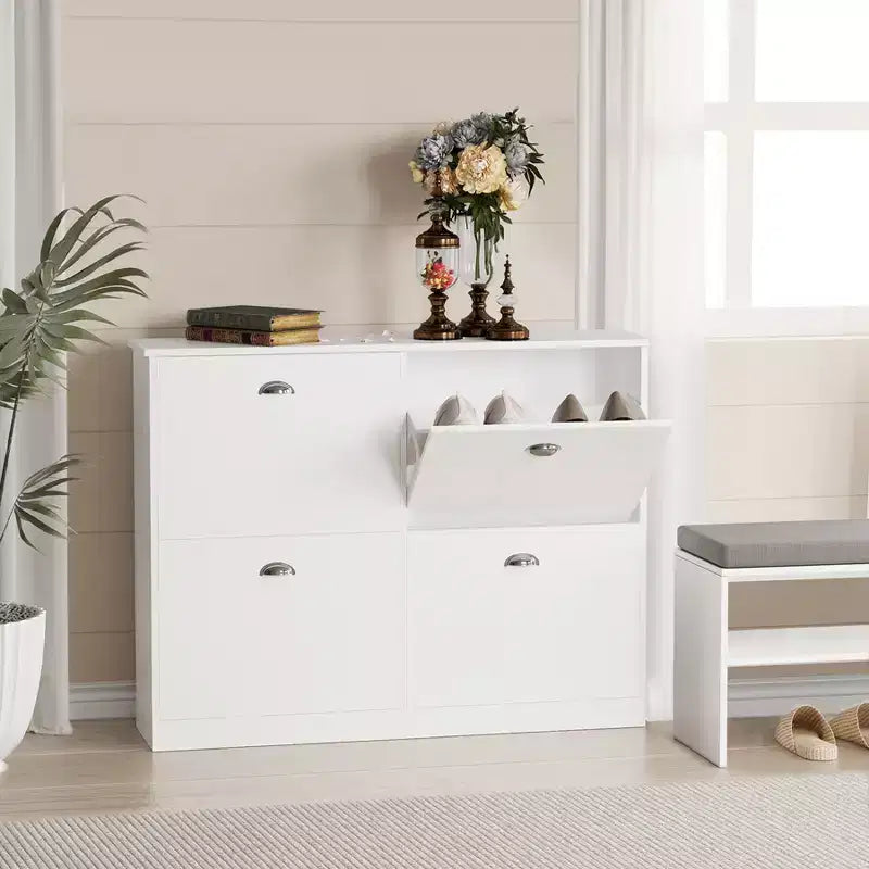 Hidden Slim Narrow Shoe Cabinet with 4 Flip Drawers for Hallway, White