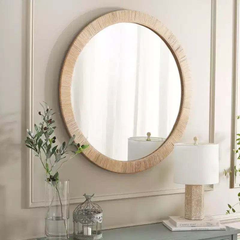 Round Wall Mirror, 35.8 x 35.8 in., Natural Wood Frame