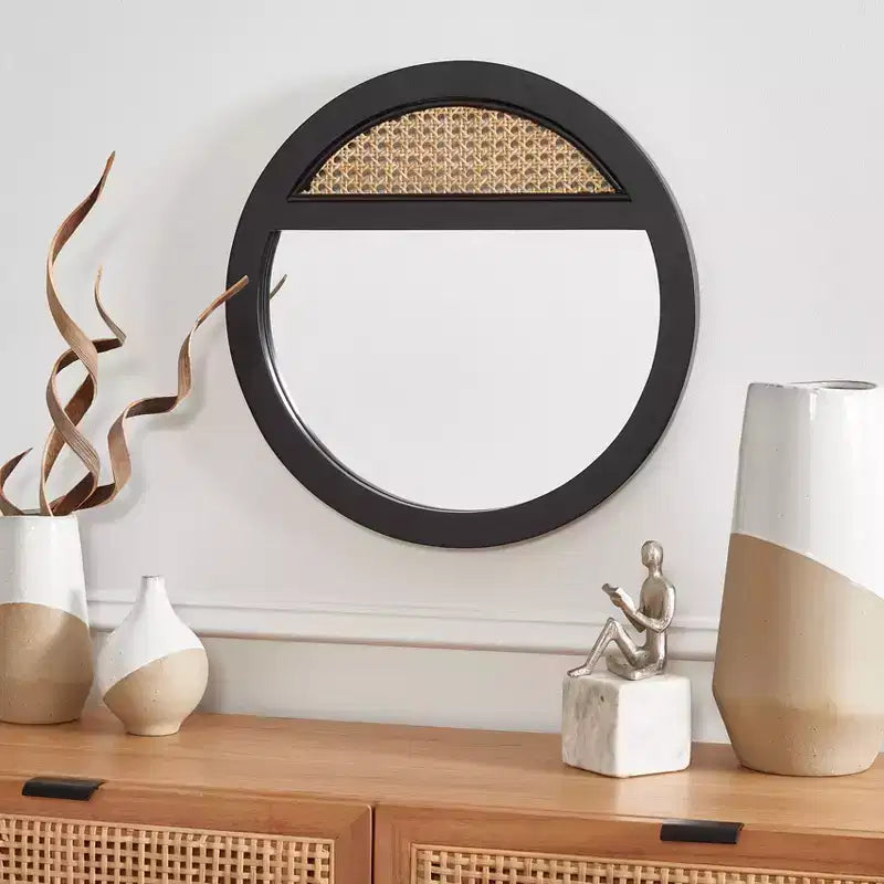 Round Wall Mirror, 17.5 x 17.5 in., Black and Natural Wood Frame
