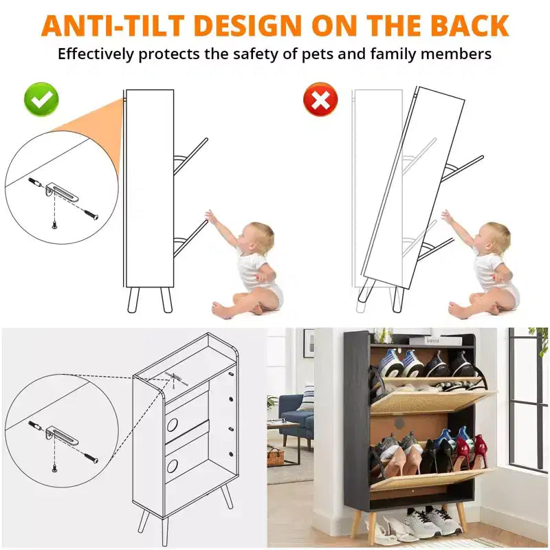 Shoe Storage Cabinet with Flip-Drawers, Ventilated & Odor-Resistant Organizer for 15-20 Pairs, Anti-Tip