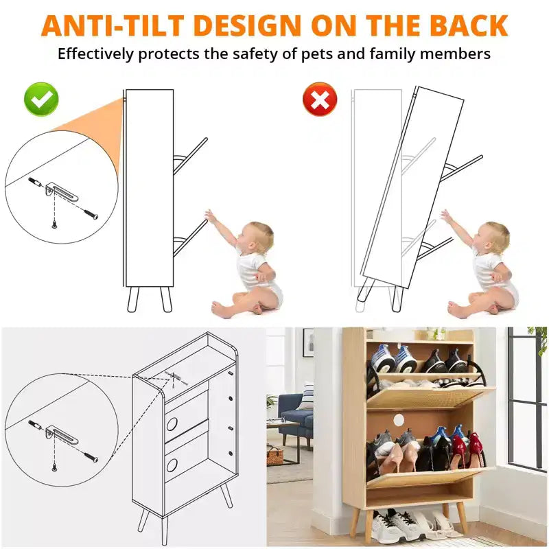 Shoe Storage Cabinet with Flip-Drawers, Ventilated & Odor-Resistant Organizer for 15-20 Pairs, Anti-Tip