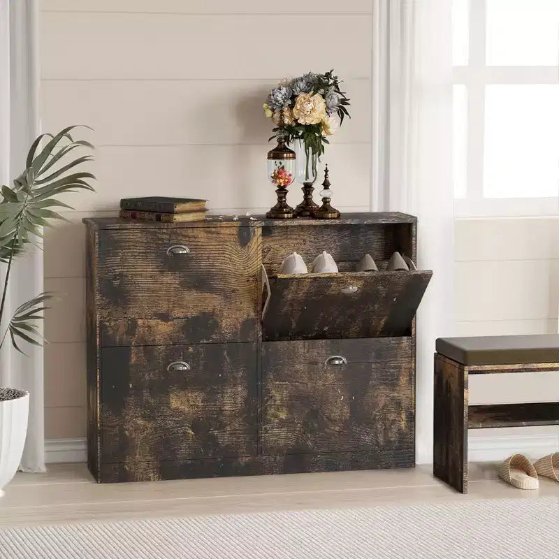 Narrow Shoe Cabinet with 4 Drawers and Metal Handle, Shoe Storage for Entryway, Foyer, Hallway, Bedroom
