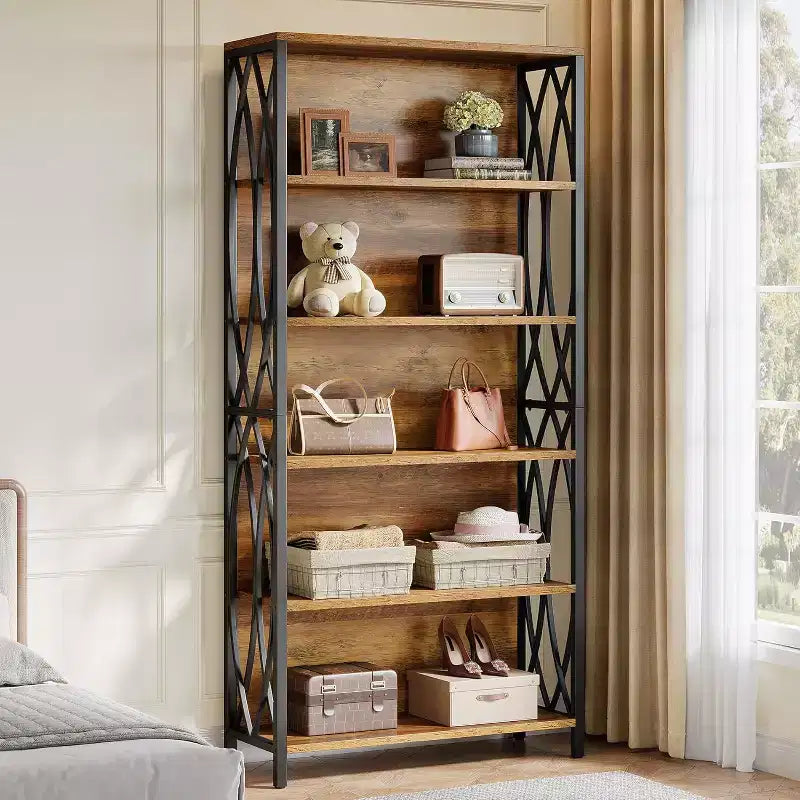 Industrial Bookshelf, 6-Tier Bookcase with Geometric Metal Frame & Open Storage Shelves for Home Office, Living Room, Brown