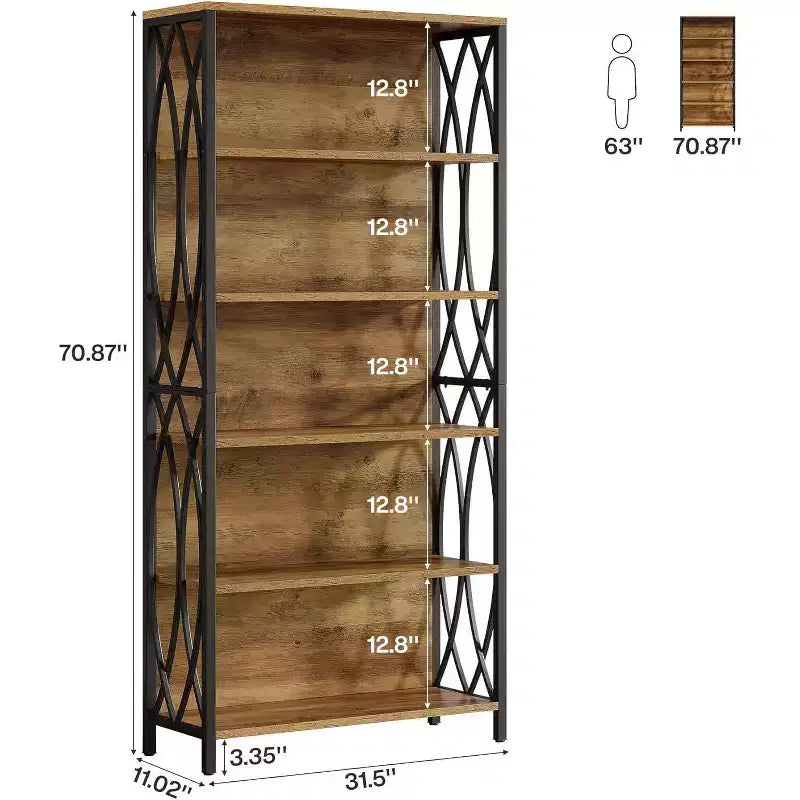 Industrial Bookshelf, 6-Tier Bookcase with Geometric Metal Frame & Open Storage Shelves for Home Office, Living Room, Brown