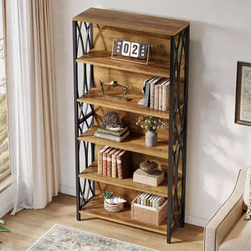 Industrial Bookshelf, 6-Tier Bookcase with Geometric Metal Frame & Open Storage Shelves for Home Office, Living Room, Brown