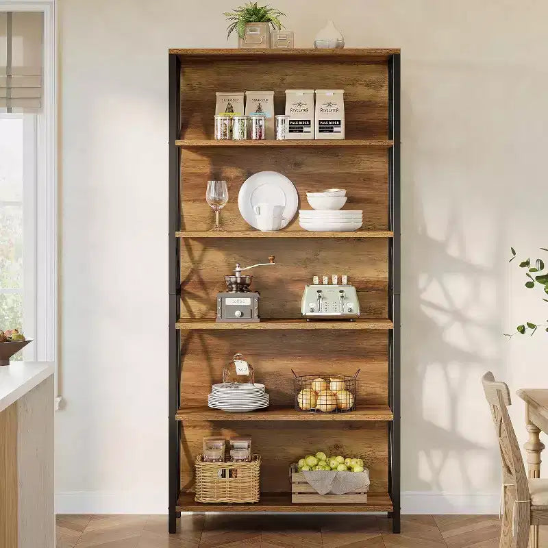 Industrial Bookshelf, 6-Tier Bookcase with Geometric Metal Frame & Open Storage Shelves for Home Office, Living Room, Brown