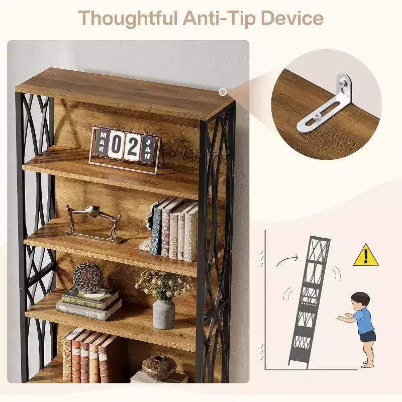Industrial Bookshelf, 6-Tier Bookcase with Geometric Metal Frame & Open Storage Shelves for Home Office, Living Room, Brown