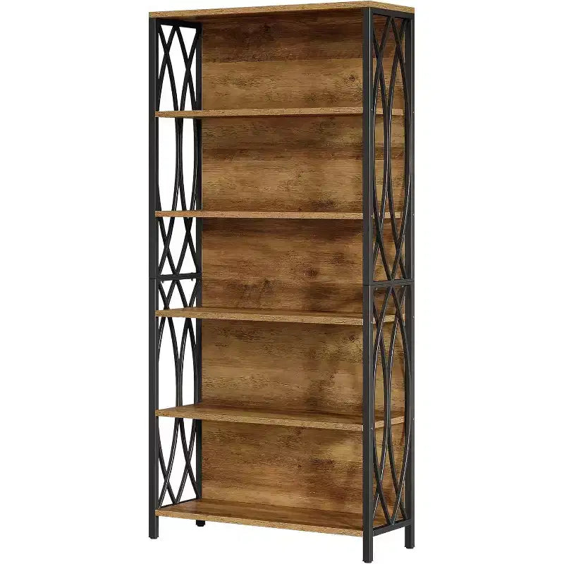 Industrial Bookshelf, 6-Tier Bookcase with Geometric Metal Frame & Open Storage Shelves for Home Office, Living Room, Brown
