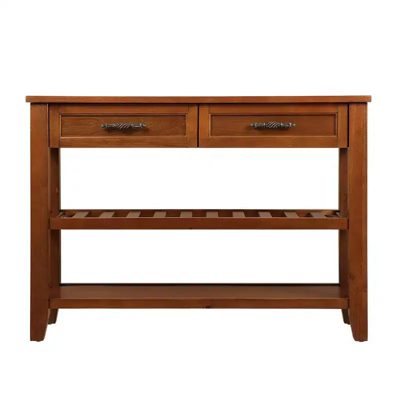 Console Table with 2 Storage Drawers and 2-Tier Shelves for Living and Dining Room, Brown