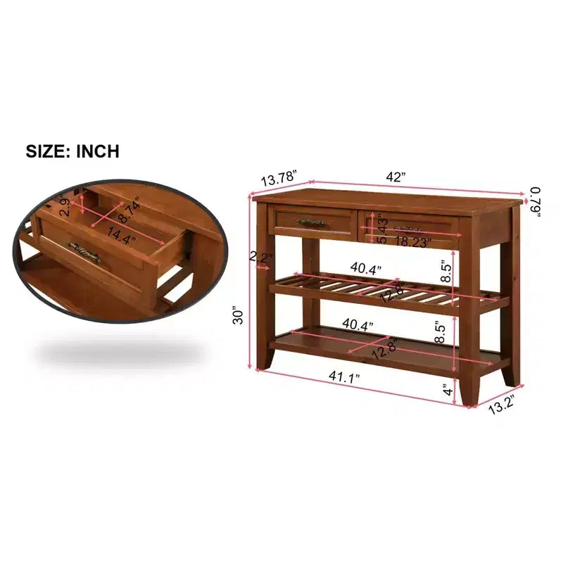 Console Table with 2 Storage Drawers and 2-Tier Shelves for Living and Dining Room, Brown
