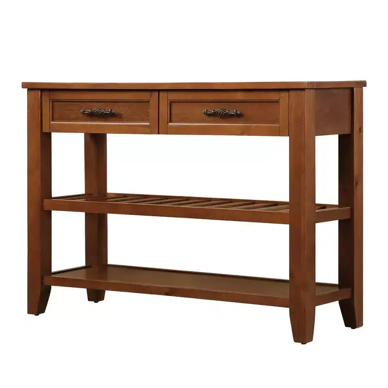 Console Table with 2 Storage Drawers and 2-Tier Shelves for Living and Dining Room, Brown