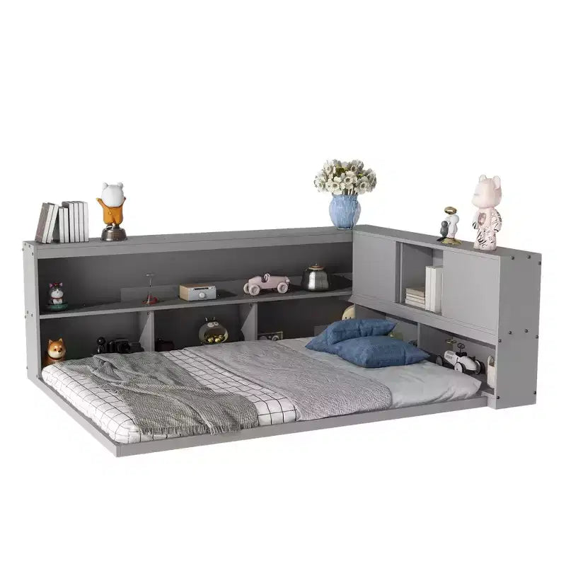 Full Size L-Shaped Bed with Bookcase Headboard, Wood Daybed Frame for Adults, Kids, Teens, Grey