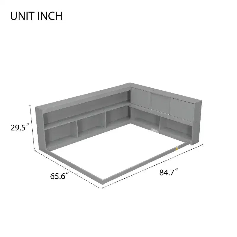 Full Size L-Shaped Bed with Bookcase Headboard, Wood Daybed Frame for Adults, Kids, Teens, Grey
