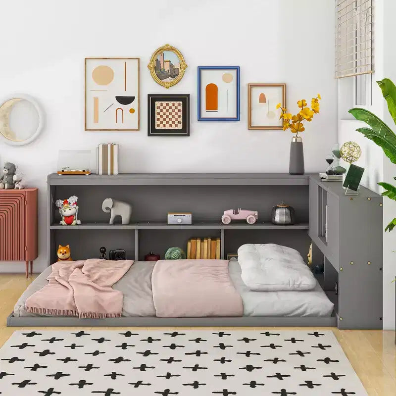 Full Size L-Shaped Bed with Bookcase Headboard, Wood Daybed Frame for Adults, Kids, Teens, Grey