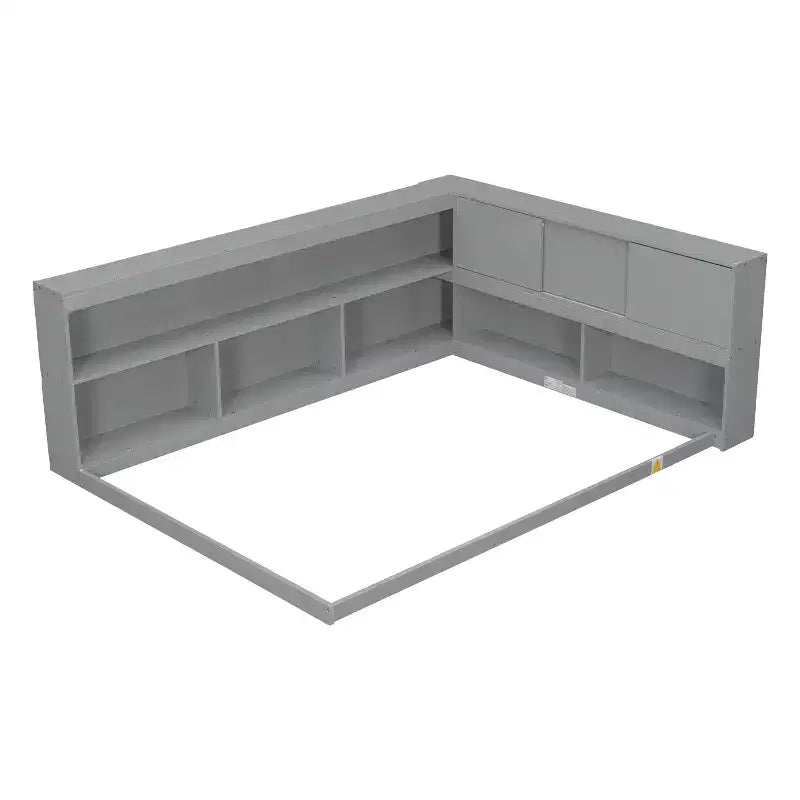 Full Size L-Shaped Bed with Bookcase Headboard, Wood Daybed Frame for Adults, Kids, Teens, Grey