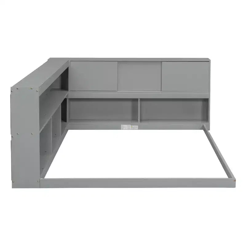 Full Size L-Shaped Bed with Bookcase Headboard, Wood Daybed Frame for Adults, Kids, Teens, Grey