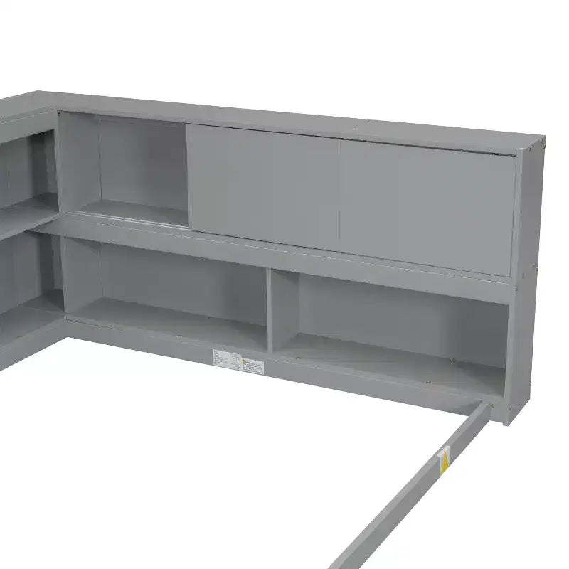 Full Size L-Shaped Bed with Bookcase Headboard, Wood Daybed Frame for Adults, Kids, Teens, Grey