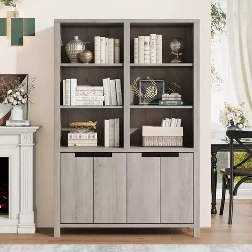 70.7 Tall Bookshelf w/Doors & Adjustable Shelf, 5-Tier Double Wide Bookcase with Cabinet and Double Storage, Wooden Book Shelf Farmhouse Bookcase
