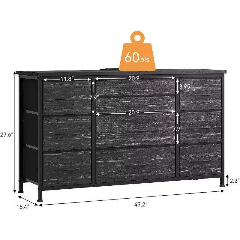 Long TV Stand with Power Outlet Entertainment Center, Storage Fabric Drawer Unit for Bedroom, Wide Dresser with 10 Large Drawers