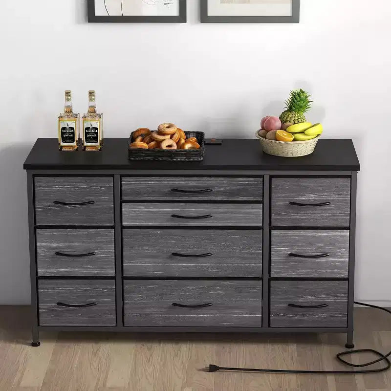 Long TV Stand with Power Outlet Entertainment Center, Storage Fabric Drawer Unit for Bedroom, Wide Dresser with 10 Large Drawers