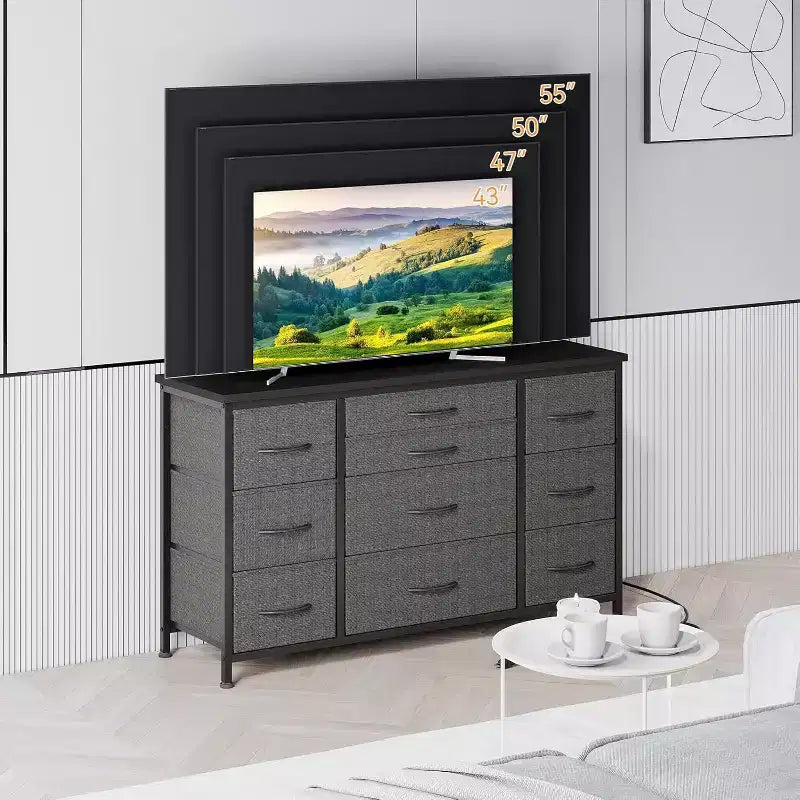 Long TV Stand with Power Outlet Entertainment Center, Storage Fabric Drawer Unit for Bedroom, Wide Dresser with 10 Large Drawers
