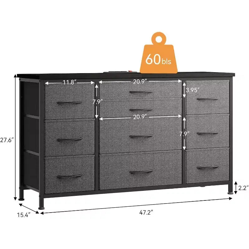 Long TV Stand with Power Outlet Entertainment Center, Storage Fabric Drawer Unit for Bedroom, Wide Dresser with 10 Large Drawers