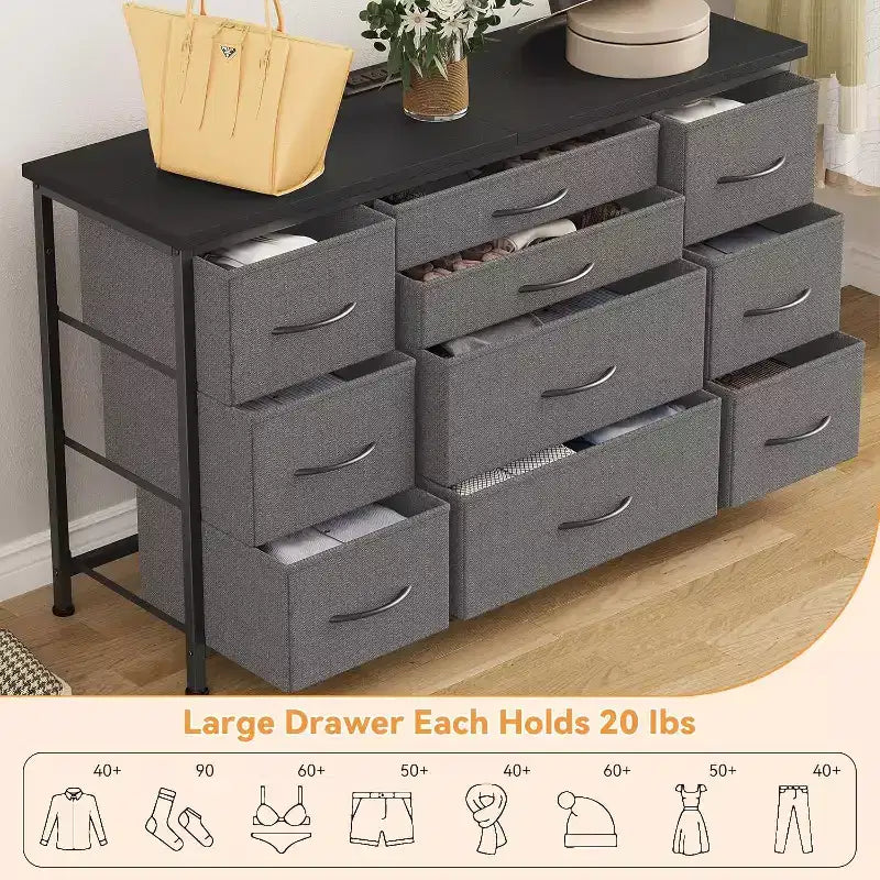 Long TV Stand with Power Outlet Entertainment Center, Storage Fabric Drawer Unit for Bedroom, Wide Dresser with 10 Large Drawers
