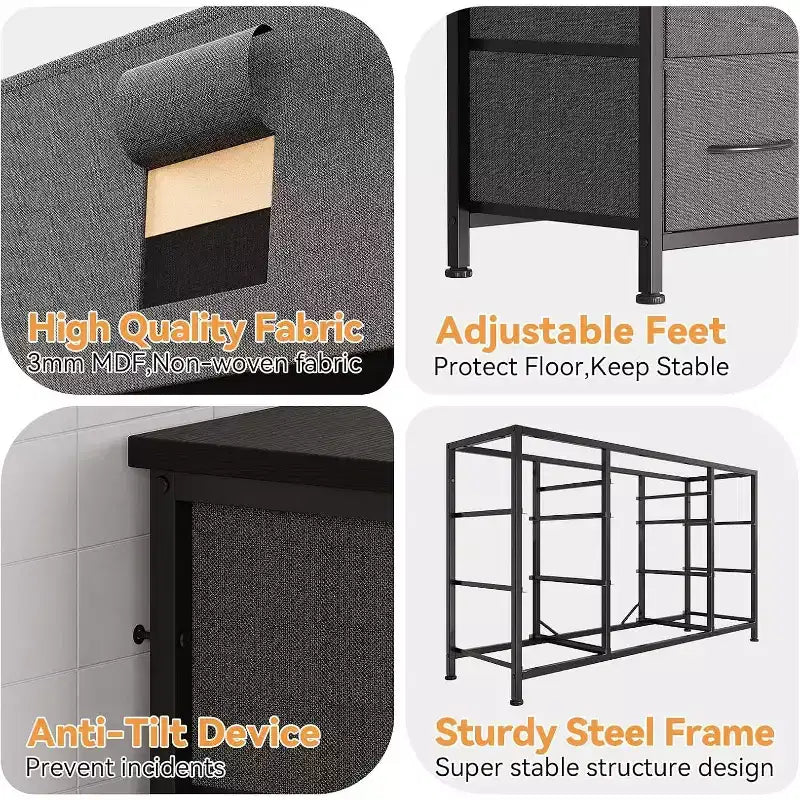 Long TV Stand with Power Outlet Entertainment Center, Storage Fabric Drawer Unit for Bedroom, Wide Dresser with 10 Large Drawers