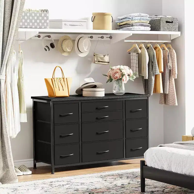 Long TV Stand with Power Outlet Entertainment Center, Storage Fabric Drawer Unit for Bedroom, Wide Dresser with 10 Large Drawers