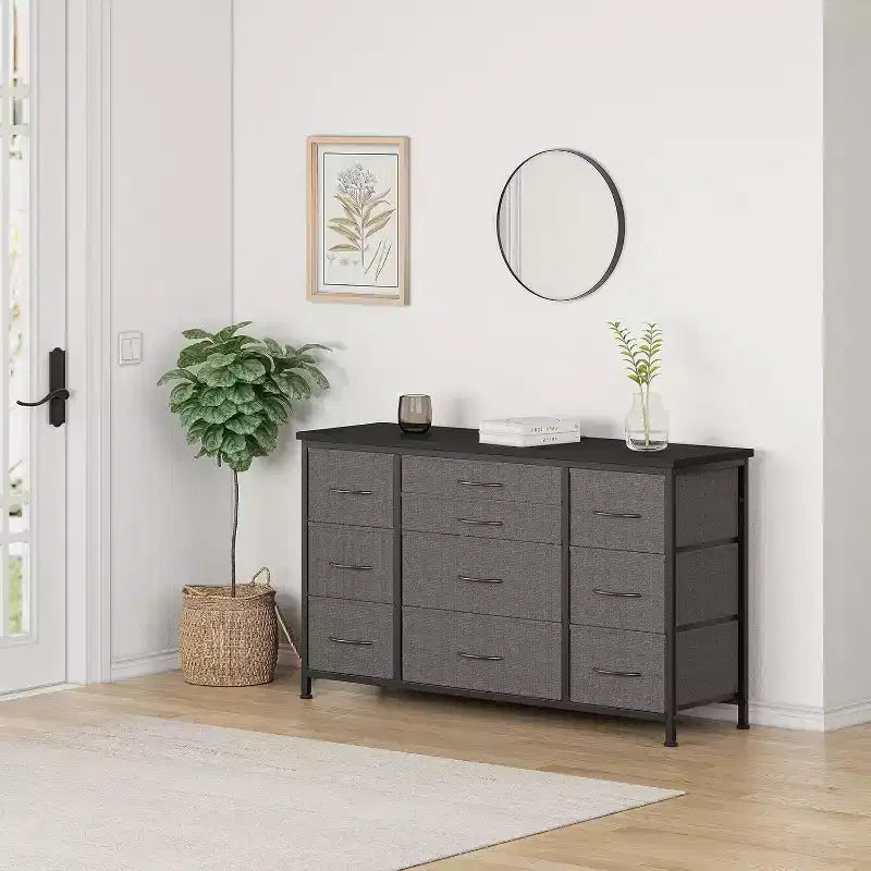 Long TV Stand with Power Outlet Entertainment Center, Storage Fabric Drawer Unit for Bedroom, Wide Dresser with 10 Large Drawers