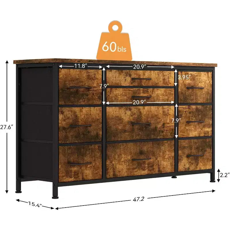 Long TV Stand with Power Outlet Entertainment Center, Storage Fabric Drawer Unit for Bedroom, Wide Dresser with 10 Large Drawers