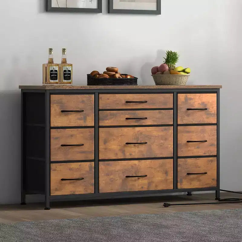Long TV Stand with Power Outlet Entertainment Center, Storage Fabric Drawer Unit for Bedroom, Wide Dresser with 10 Large Drawers