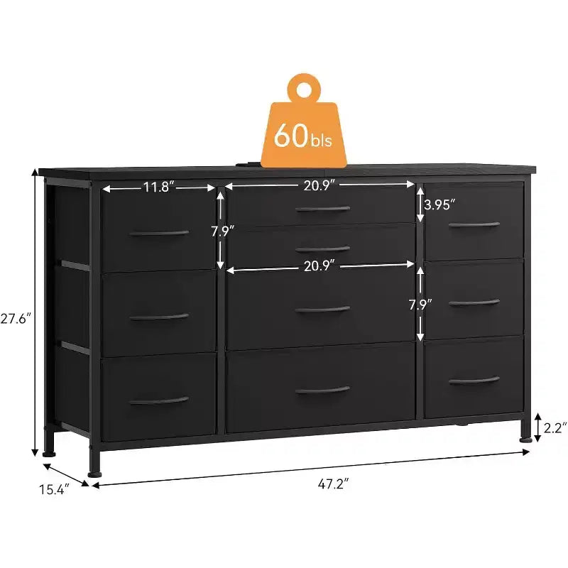 Long TV Stand with Power Outlet Entertainment Center, Storage Fabric Drawer Unit for Bedroom, Wide Dresser with 10 Large Drawers