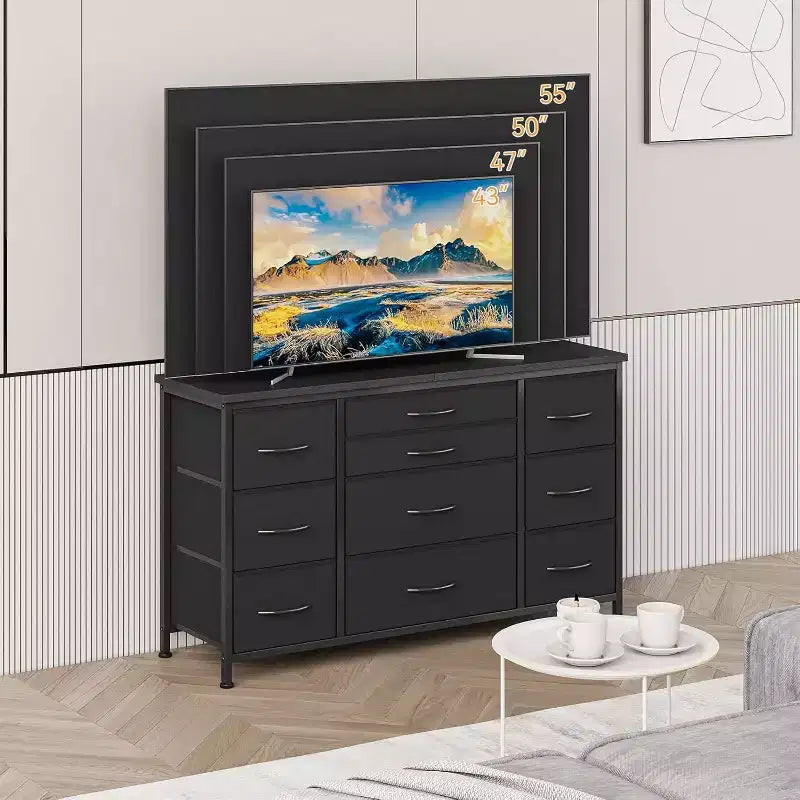 Long TV Stand with Power Outlet Entertainment Center, Storage Fabric Drawer Unit for Bedroom, Wide Dresser with 10 Large Drawers