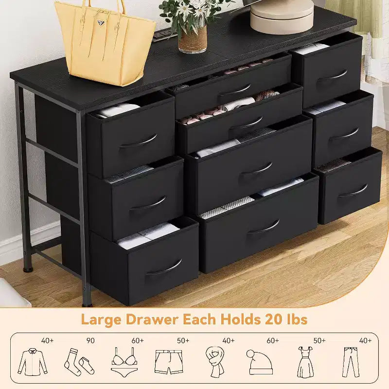 Long TV Stand with Power Outlet Entertainment Center, Storage Fabric Drawer Unit for Bedroom, Wide Dresser with 10 Large Drawers