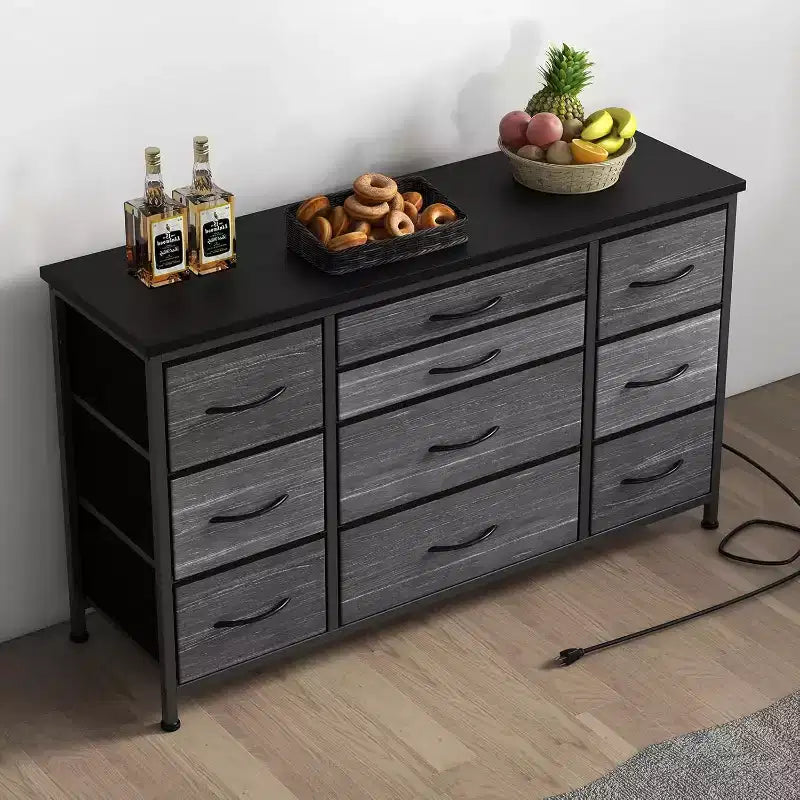 Long TV Stand with Power Outlet Entertainment Center, Storage Fabric Drawer Unit for Bedroom, Wide Dresser with 10 Large Drawers