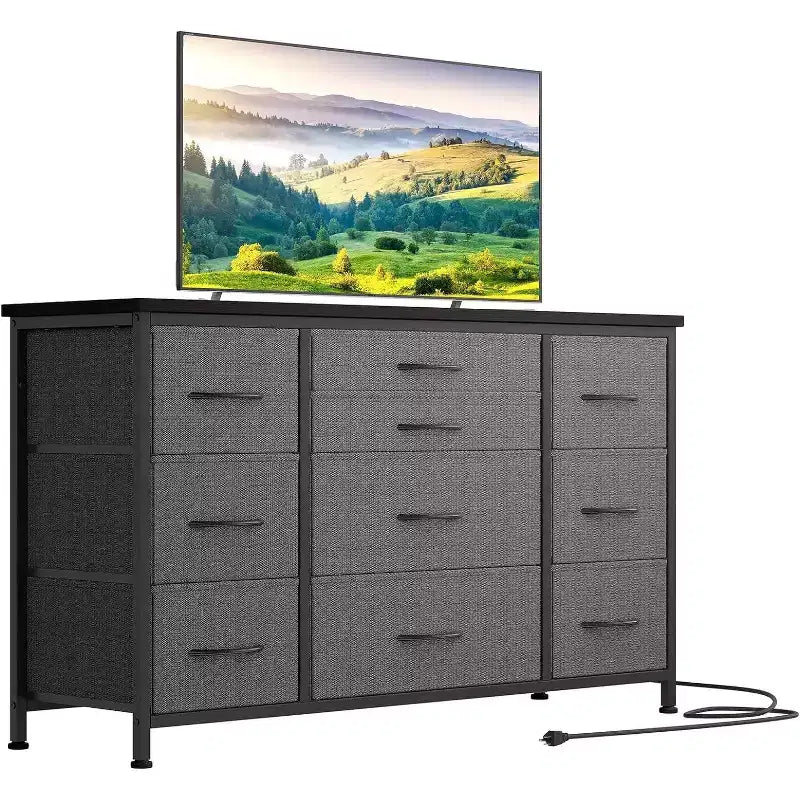 Long TV Stand with Power Outlet Entertainment Center, Storage Fabric Drawer Unit for Bedroom, Wide Dresser with 10 Large Drawers