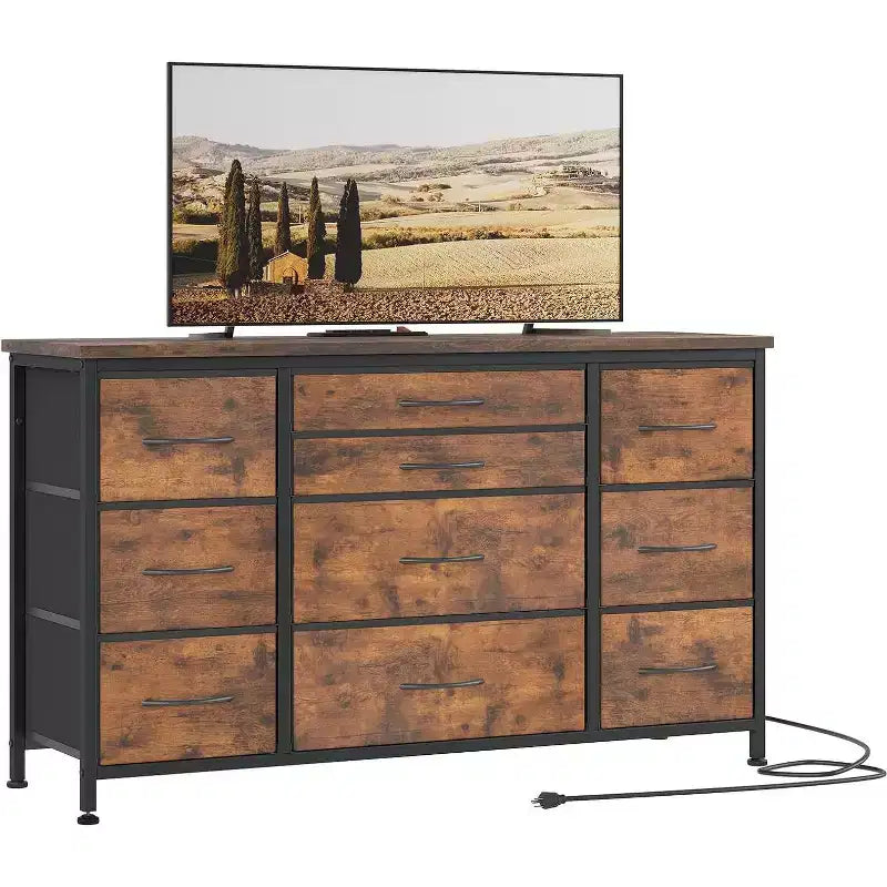 Long TV Stand with Power Outlet Entertainment Center, Storage Fabric Drawer Unit for Bedroom, Wide Dresser with 10 Large Drawers