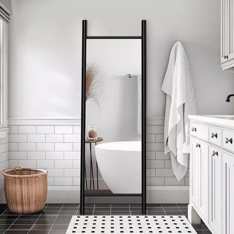 Full-Length Mirror with Solid Wood Ladder Frame, Walnut, 63x24 in., Wall Mount